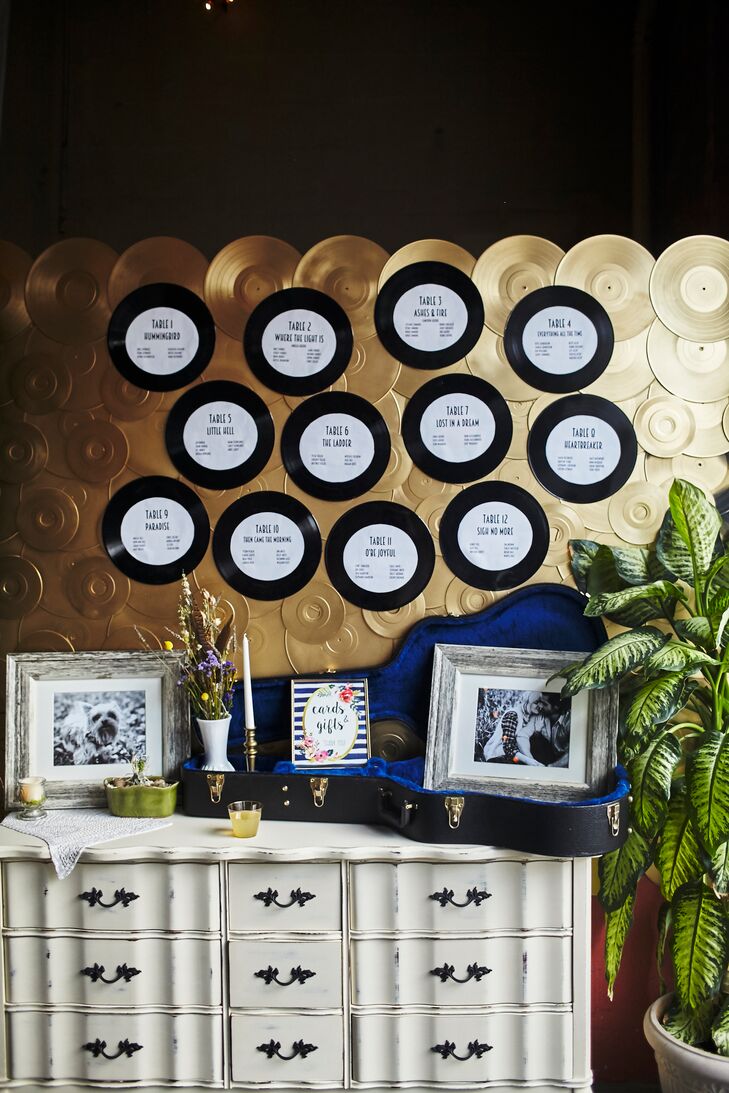 In line with their "music" theme, Angela and Cameron created a record album seating chart installation.