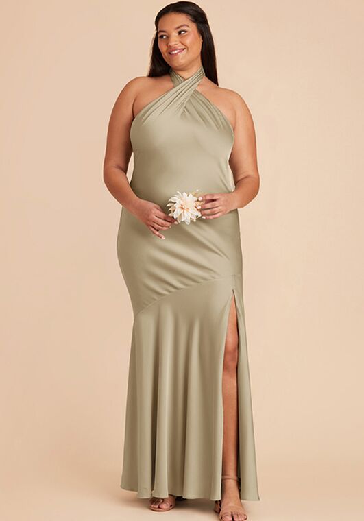 Birdy Grey Stephanie Matte Satin Dress in Moss Green Halter Bridesmaid Dress - 6