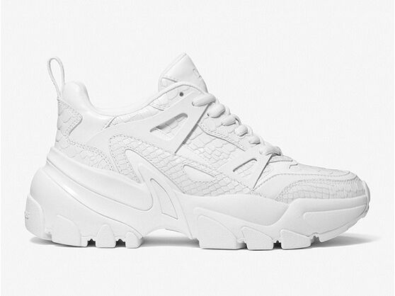 Stylish white trainers with snake-embossed leather features