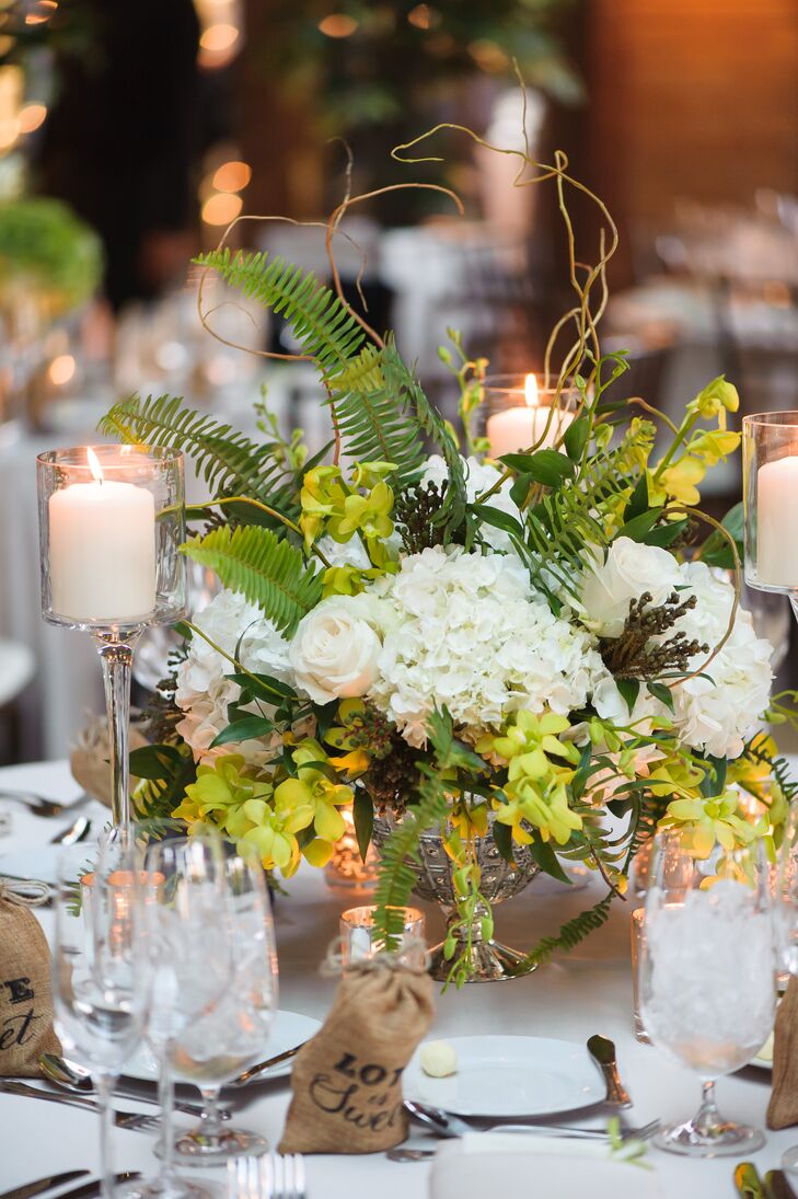 Green and White Centerpiece with Ferns and Hydrangeas