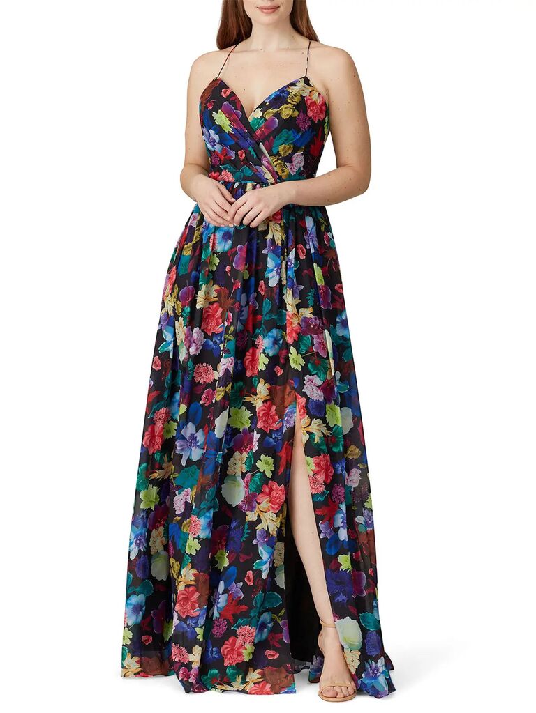 Love by Theia multicolored floral wedding guest dress for black-tie optional attire