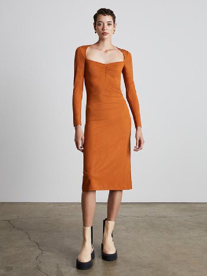 Rust colored ribbed long sleeve midi dress