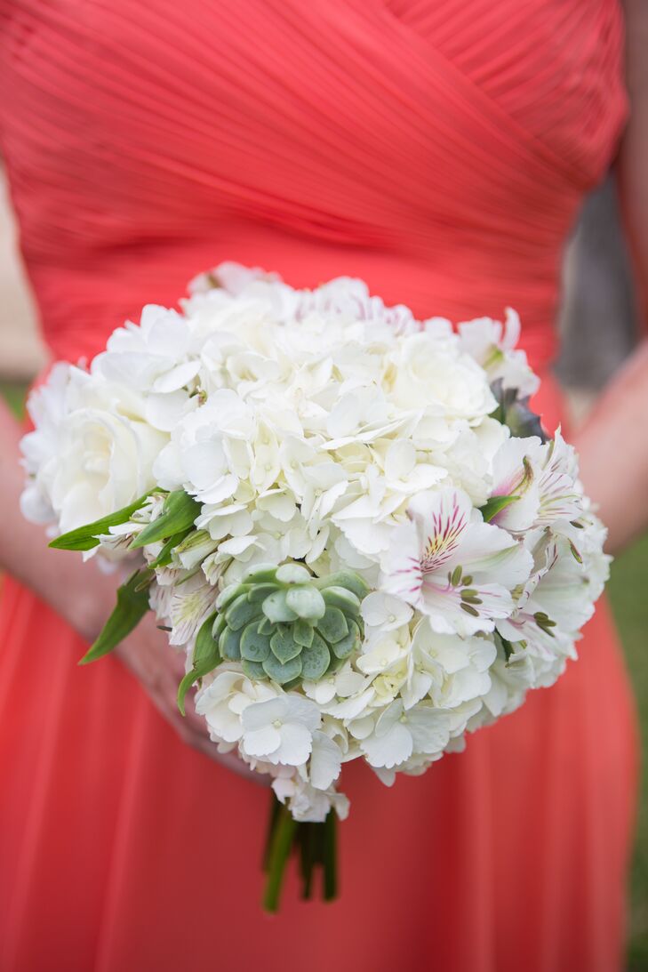 White Hydrangea Bridesmaid Bouquet With Succulents and Alstroemeria