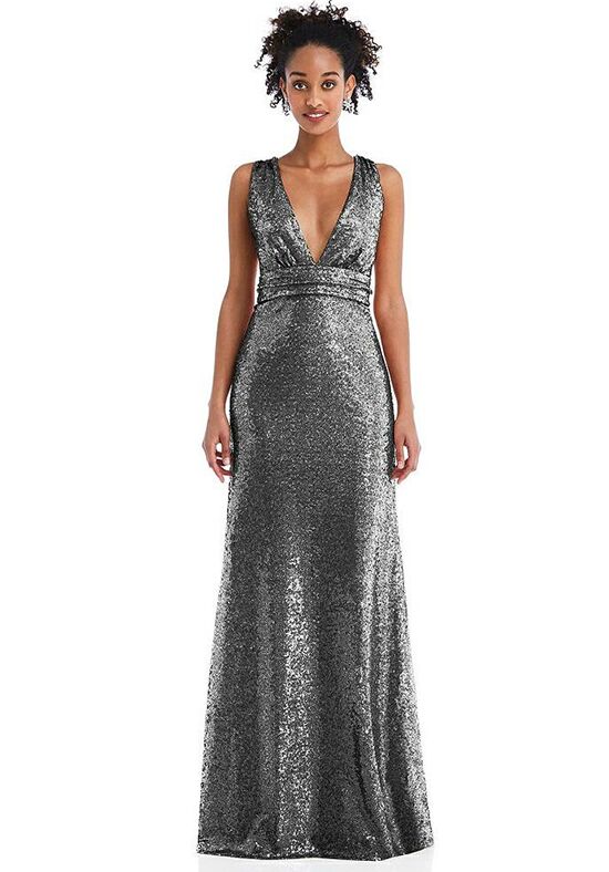 Dessy Group Open-Neck Criss Cross Back Sequin Maxi Dress - TH081 V-Neck Bridesmaid Dress - 1