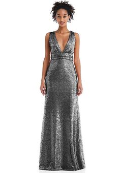 Dessy Group Open-Neck Criss Cross Back Sequin Maxi Dress - TH081 V-Neck Bridesmaid Dress