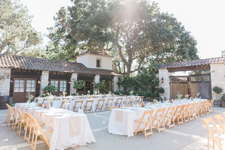 Casual Wedding Reception With Folding Chairs in Courtyard at Holman Ranch in Carmel Valley, California
