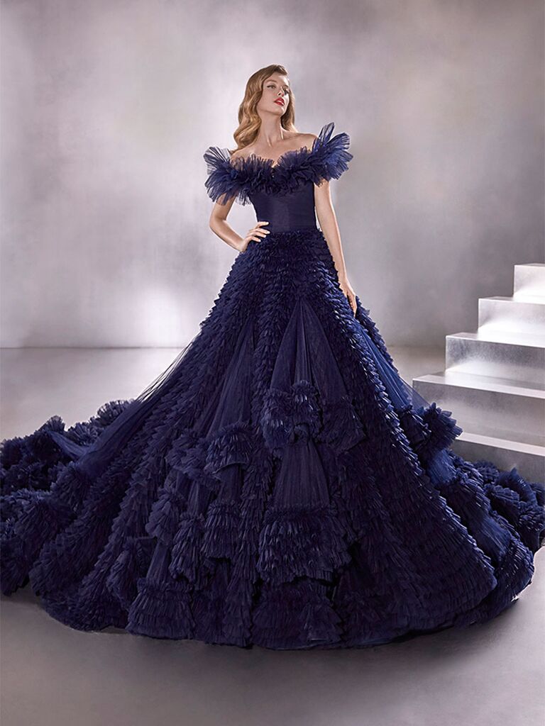 Atelier Provonias wedding dress navy blue tulle ball gown