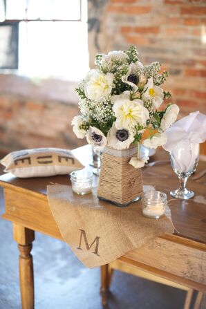 Rustic Ivory Centerpieces with Burlap Wrap
