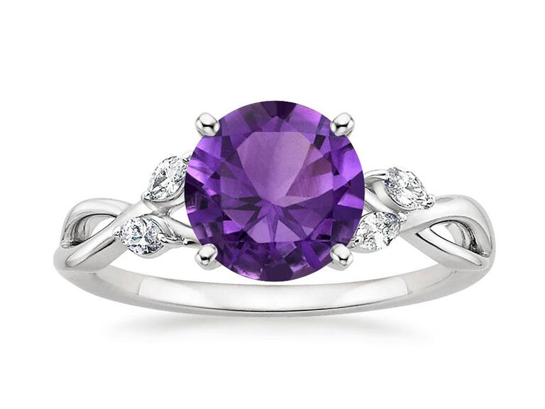 brilliant earth amethyst engagement ring with round amethyst center stone claw prongs marquise diamond sides twisted shank and plain white gold band 