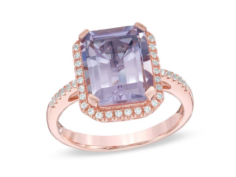 zales amethyst engagement ring with emerald cut rose de france amethyst claw prongs round sapphire halo round sapphire shank and round sapphire and rose gold band