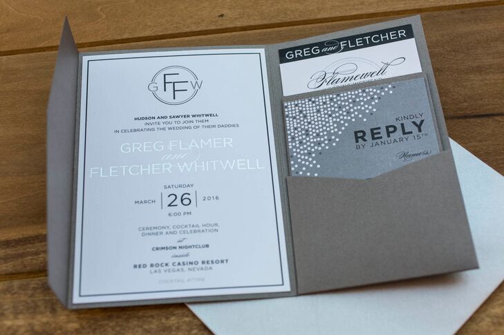 The invitation and wedding suite included a pull-out with photos of the couple and their children as well as a schedule of events and reply card.
