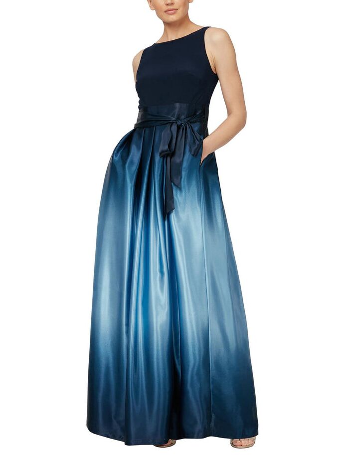 Model wearing an ombre gown with a wrap tie and pockets