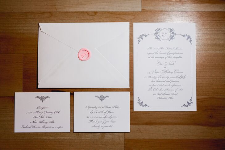 The wedding invitations were printed on white stationery with gray lettering, sealed in a white envelope with a pink personalized wax stamp. "We wanted our invitations to evoke an old-world classic look with embossed gray script lettering that included a personalized wax seal with our last name initial to enclose the main invitation," the couple says.