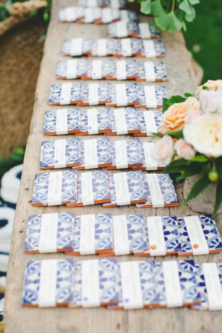 Custom-painted blue and white Mexican tiles were used as escort cards (and doubled as favors).
