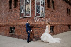Modern Couple with Navy Suit and Mermaid Wedding Dress