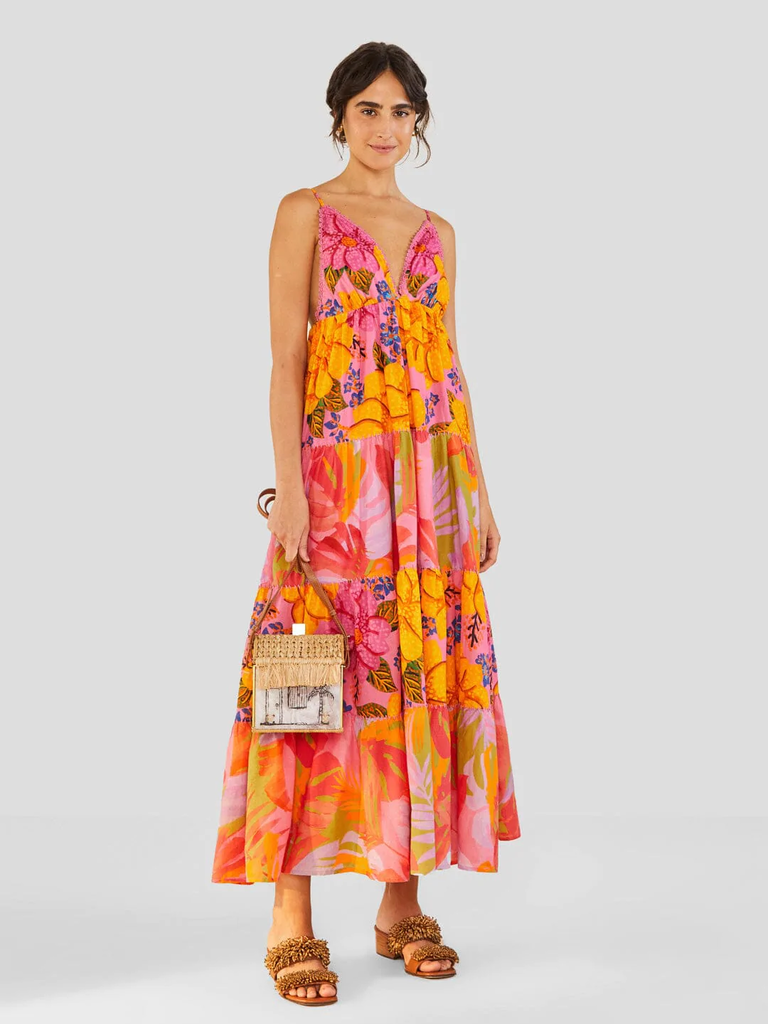 A model shows off this gorgeous summery floral gown.