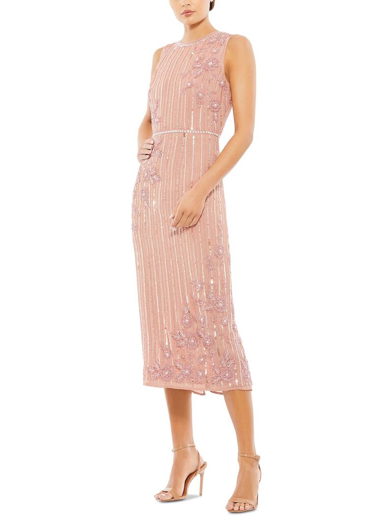 macy's rose pastel midi dress for wedding guests with high neckline and floral sequins