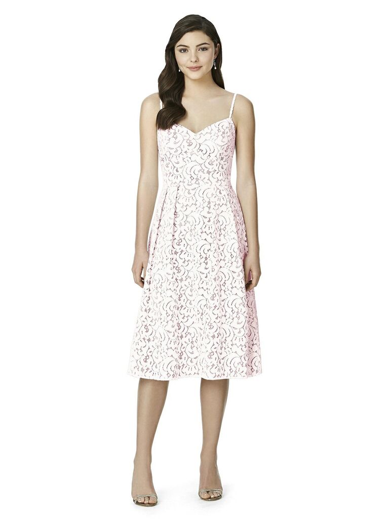 Short blush lace bridesmaid dress