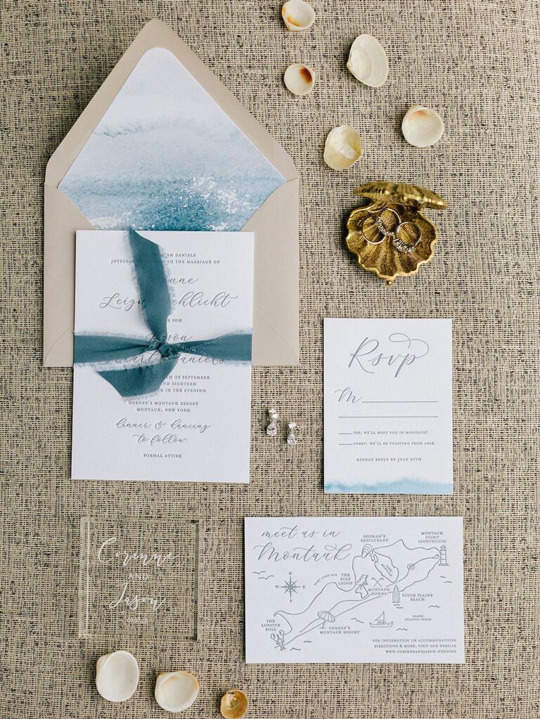 Chic beach-themed blue and gold invitation suite for summer wedding