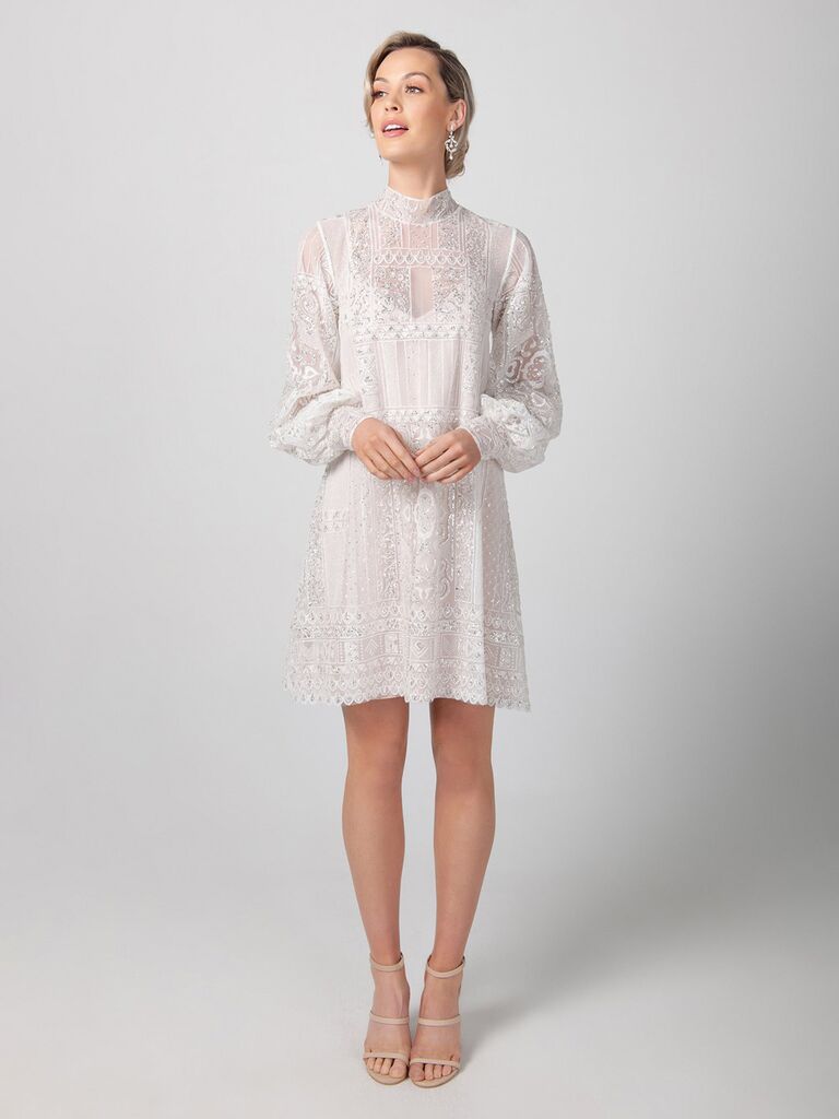 michelle roth white lace high neck wedding mini dress with lace mesh long puffy sleeves allover lace and short skirt