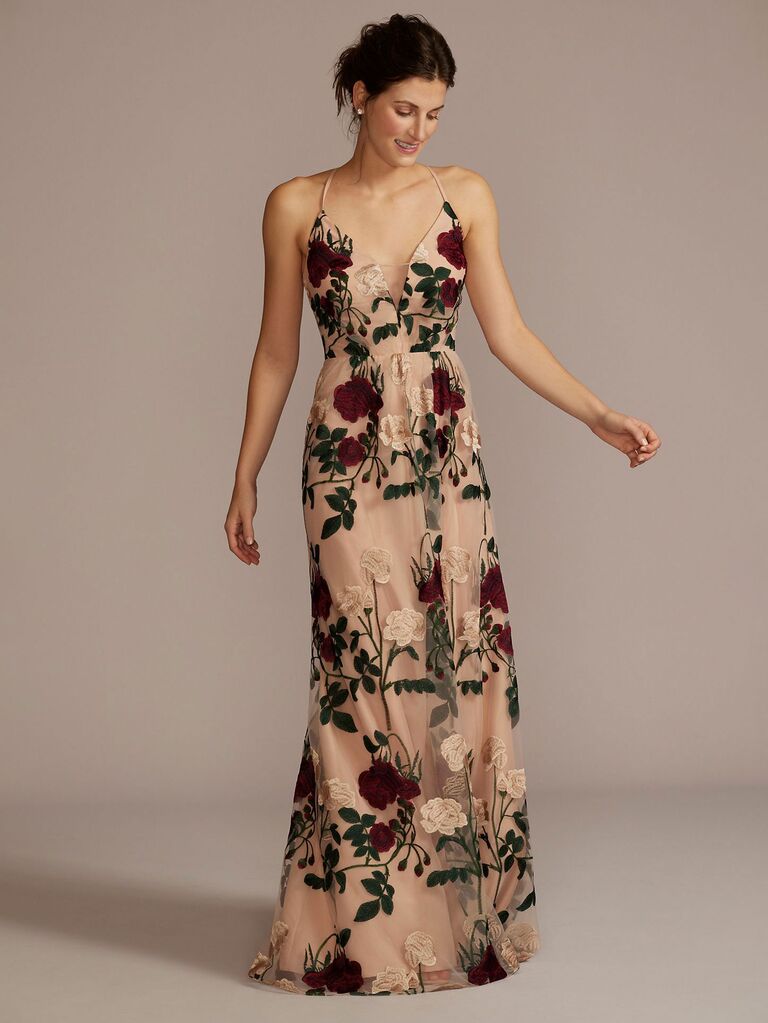 David's Bridal floral-embroidered fall bridesmaid dress with V-neckline