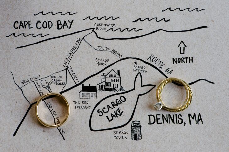 The couple's custom-designed wedding invitations featured a playful illustrated map to help guests navigate to the waterfront wedding.