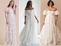 collage of three puff-sleeve wedding dresses