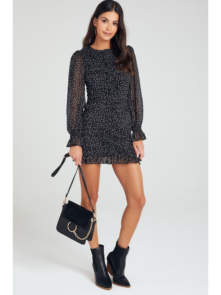 Black and white polka dot winter wedding guest dress