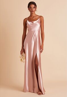 Birdy Grey Lisa Long Shiny Satin Dress in Rose Gold Scoop Bridesmaid Dress