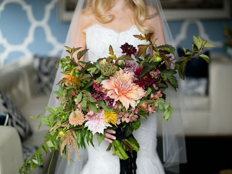 unique fall wedding bouquet with cafe au lait dahlias