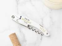 White corkscrew with 'Thank you groomswoman' and wedding date in playful black and gold type