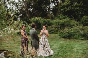 Bride in Patterned Wedding Dress Saying Vows in Biddleford Pool, Maine