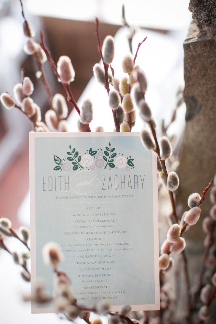 Edith and Zachary carried their vintage, classic theme throughout all of their paper details, from the invitations to the programs and menu cards, to create a cohesive feel throughout the day. Each of the stationery elements featured the couple’s emerald and aqua color palette, as whimsical illustrated floral details. “We customized and coordinated our own save-the-dates, invitations, menus, programs and seating cards on Minted.com to match our wedding colors,” says Edith.