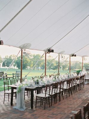 Tented Reception with Farm Table and Blue Chiffon Runner