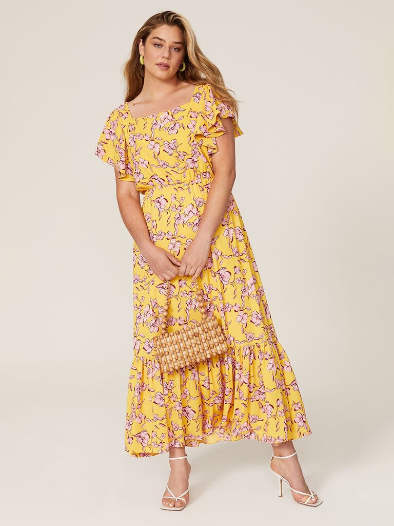 Sachin & Babi yellow and pink long floral dress for wedding guests with flutter sleeves