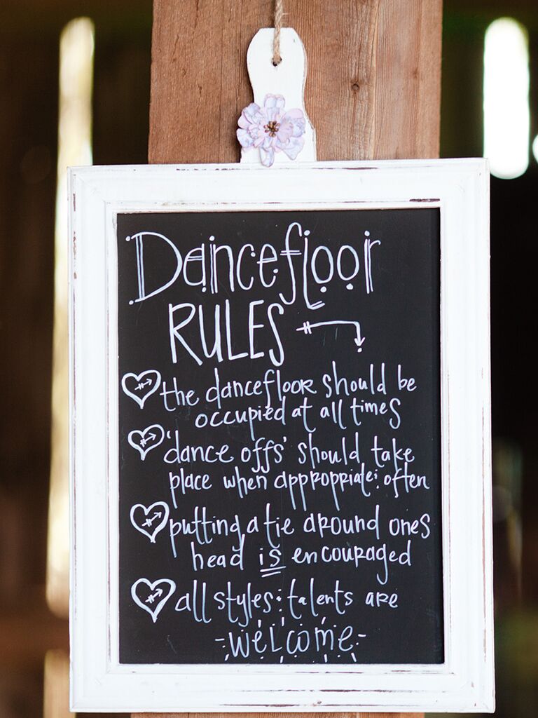 Funny chalkboard wedding sign with dance floor rules
