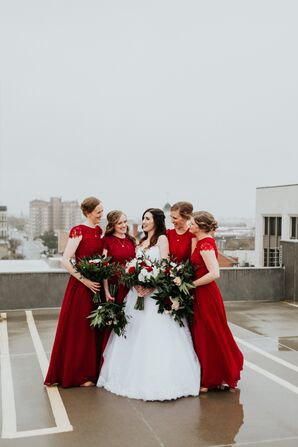 Red Bridesmaid Dresses Popped Against the Bride's White Wedding Gown