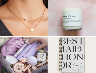 Four maid of honor proposal gift ideas: heart pendant necklace, candle, notebook, proposal gift box
