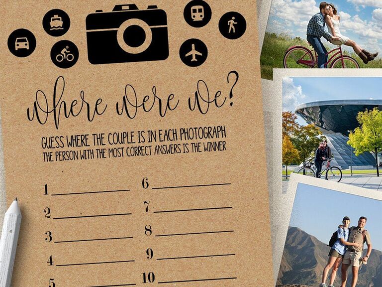 'Where were we?' game with 10 photos, camera and other travel-themed icons on brown paper