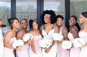 Bridesmaids in Blush Dresses With White Bouquets