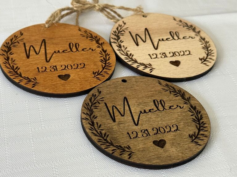 Custom engraved round wooden ornaments wedding favor idea