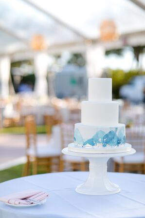 Simple, Tiered Cake with Blue Watercolor Detail