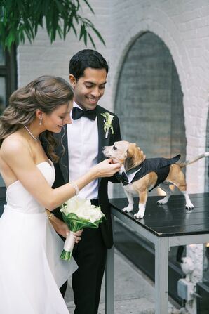 Couple with Dog Dressed in Tuxedo for Wedding at The Foundry in Long Island City, New York