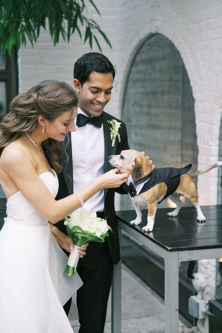 Couple with Dog Dressed in Tuxedo for Wedding at The Foundry in Long Island City, New York