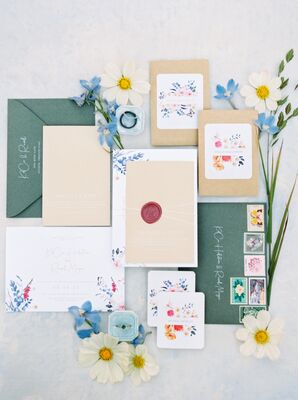Invitation Suite Featuring Wildflowers and Green Details, Wax Seal