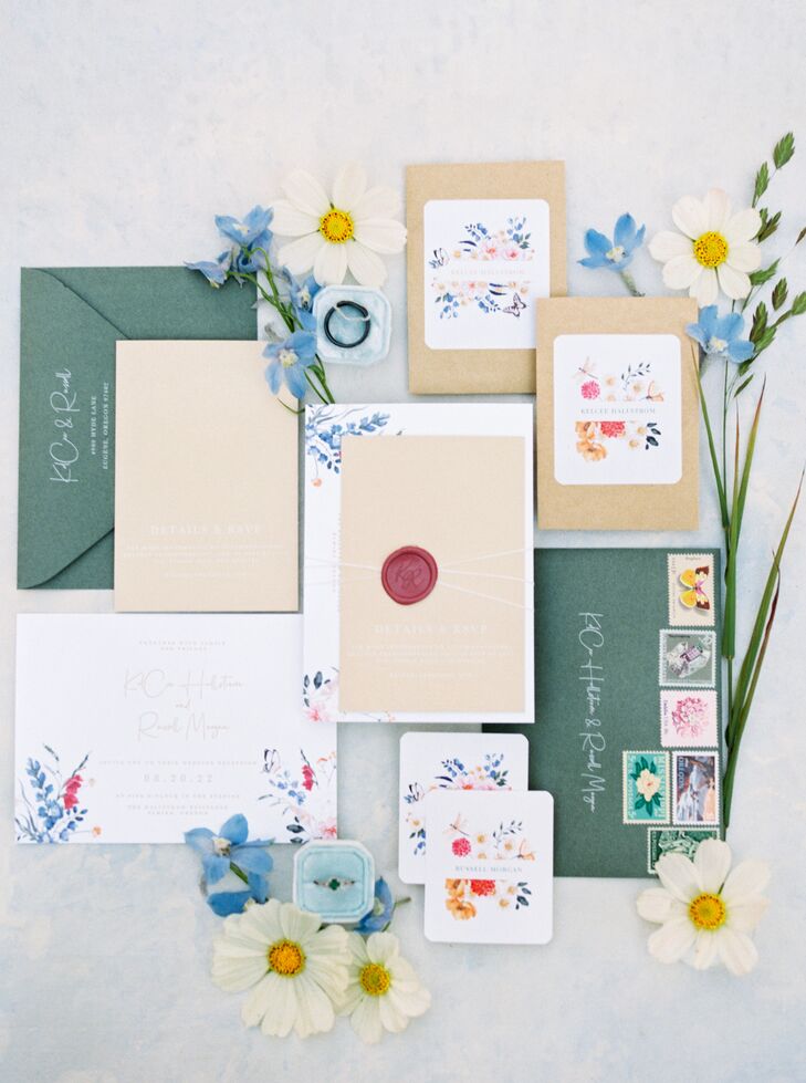 Invitation Suite Featuring Wildflowers and Green Details, Wax Seal