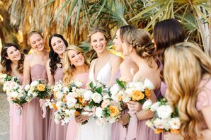 Bride With Bridesmaids in Mauve Dresses for Wedding at The Living Desert Zoo and Garden in Palm Desert, California