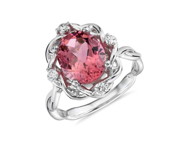 Blue Nile oval pink tourmaline and diamond weave ring in 18K white gold