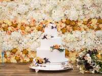 three-tier fall wedding cake decorated with hand-piped polka dots and fresh flowers