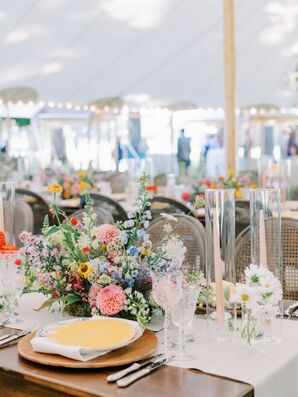 Tented Reception With Long Tables, Wildflower Centerpieces, Wood Chargers, Yellow Menus